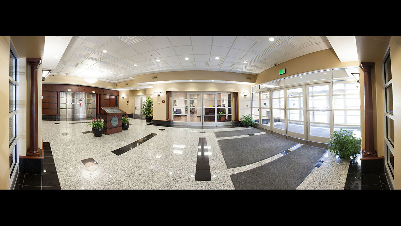A view of the lobby of an office building.