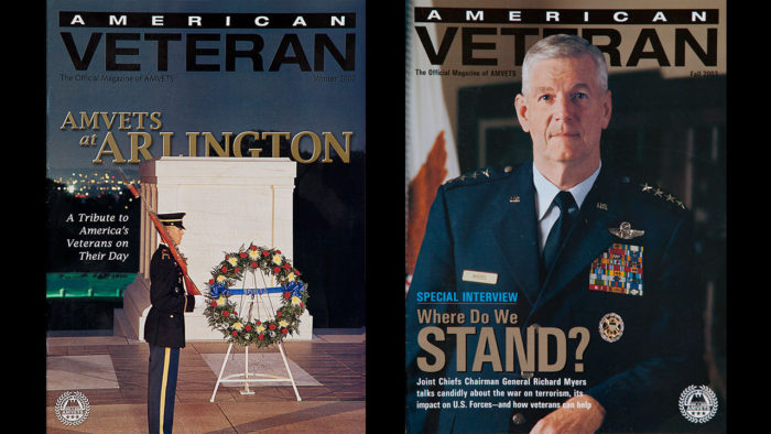 Two magazines with a picture of an american veteran.