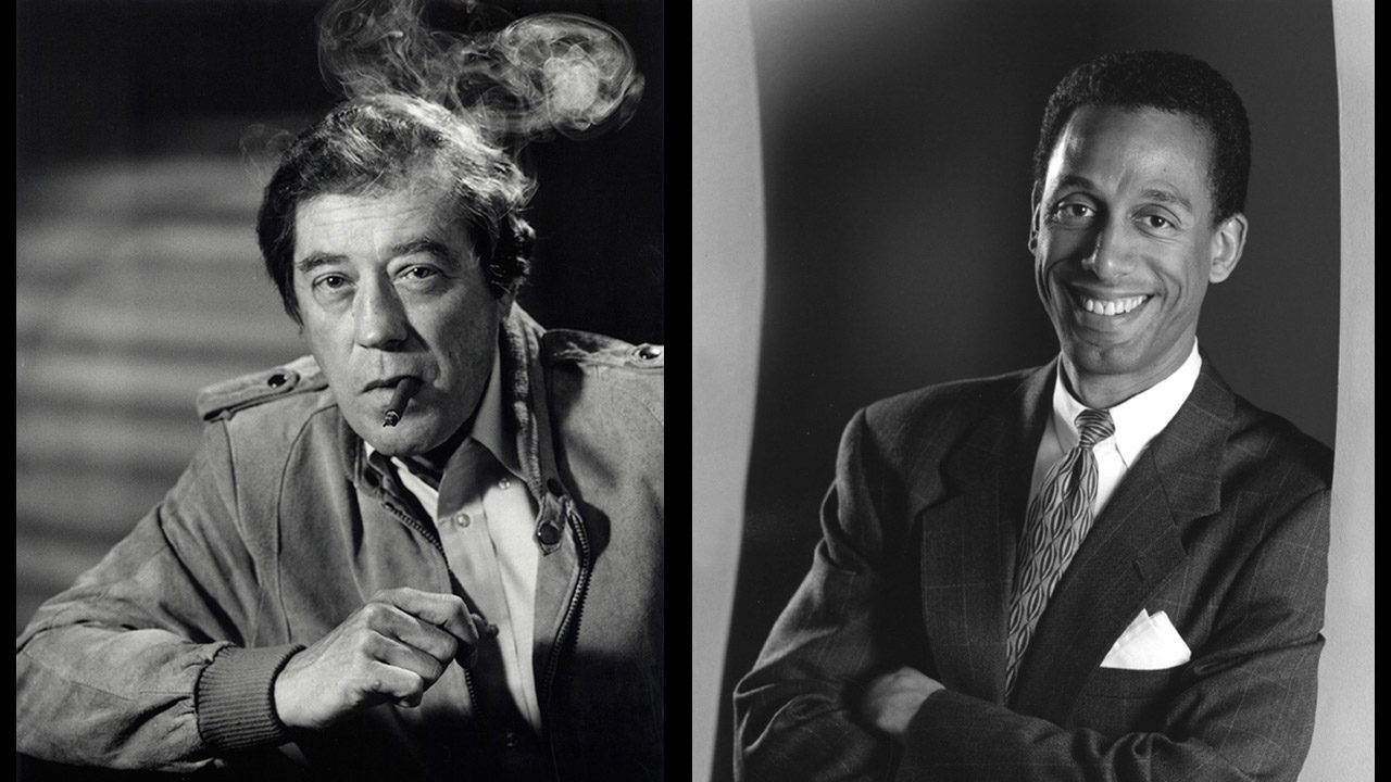 Two black and white photos of men smoking a cigarette.