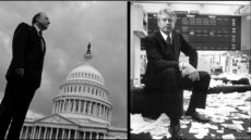Two black and white photos of a man standing in front of a capitol building.