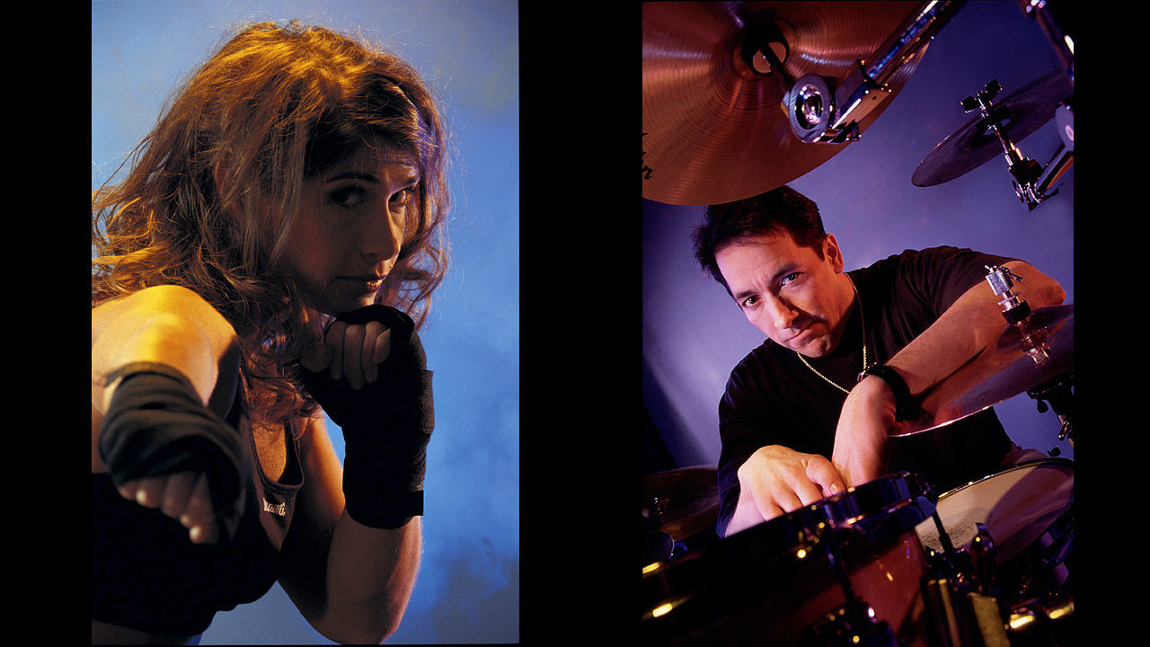 Two pictures of a man and a woman playing drums.