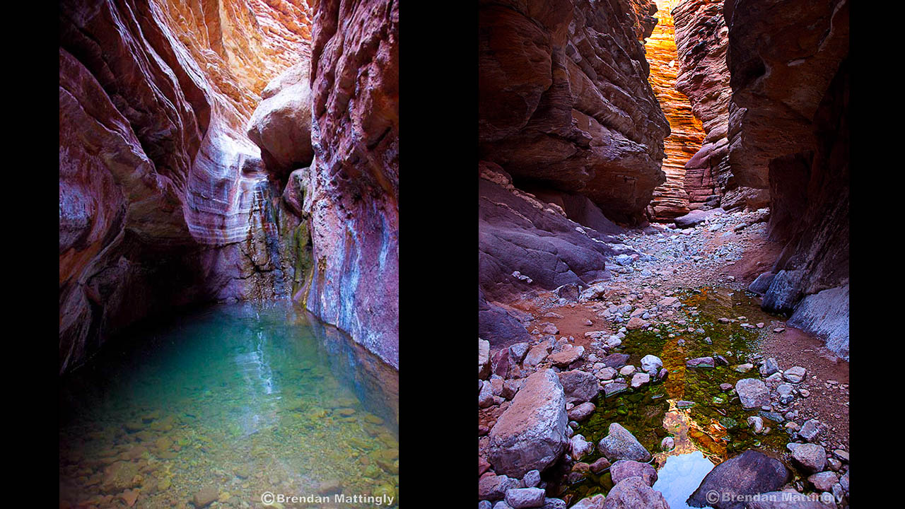 Two pictures of a narrow canyon with water flowing through it.