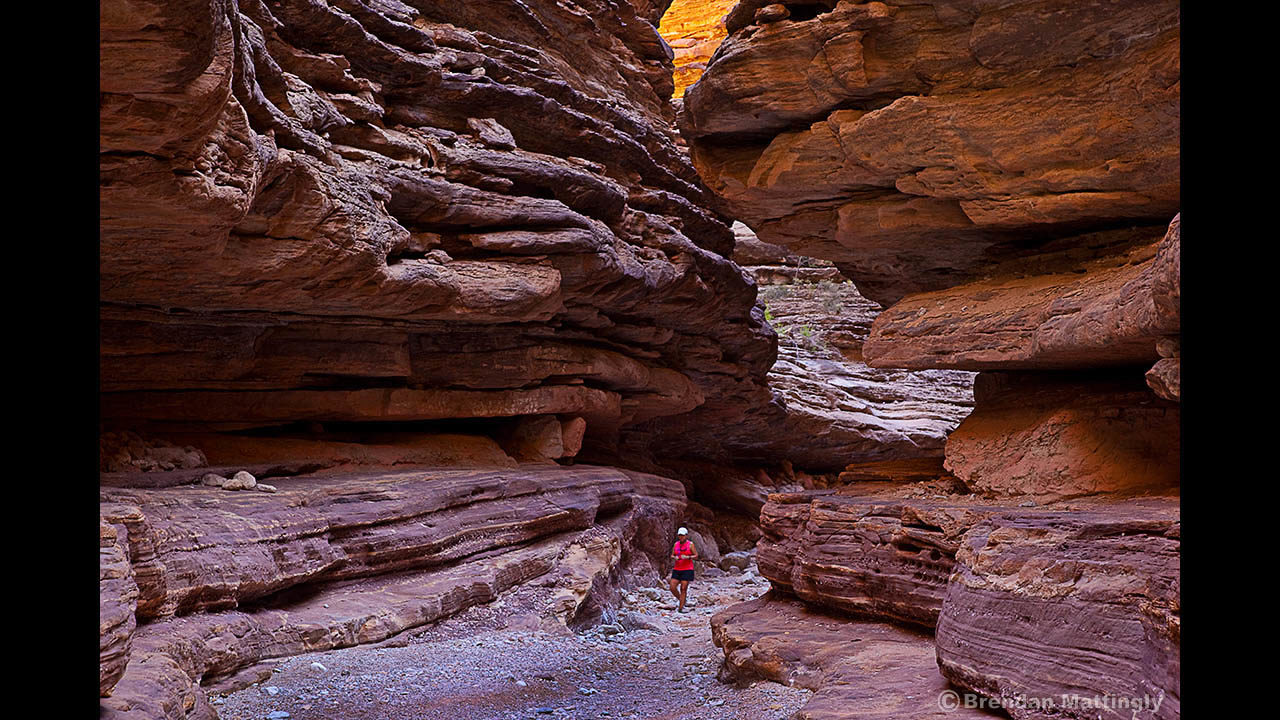 A man is walking through a narrow canyon in jordan.
