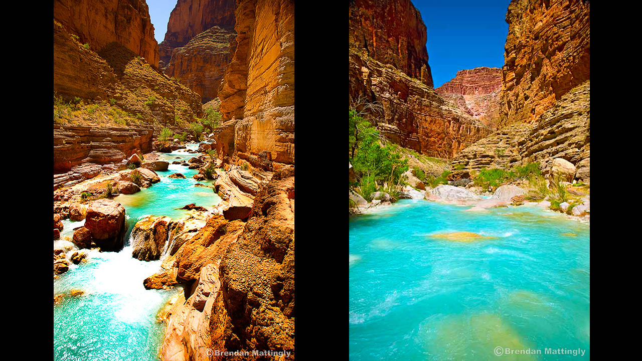 Two pictures of a river in a canyon.