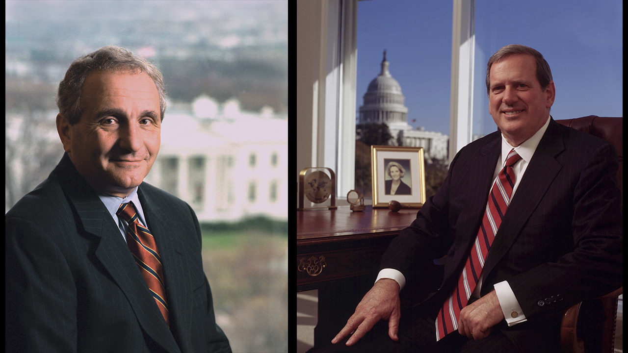 Two pictures of men in suits sitting in front of a white house.