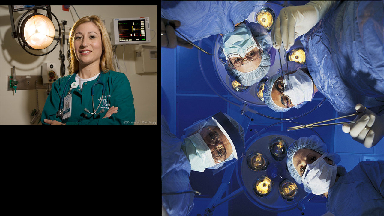 Two pictures of a female surgeon in an operating room.