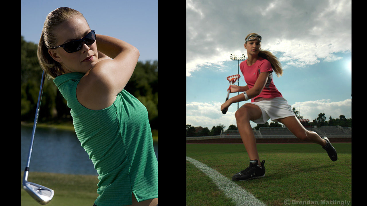 Two pictures of a woman playing golf.