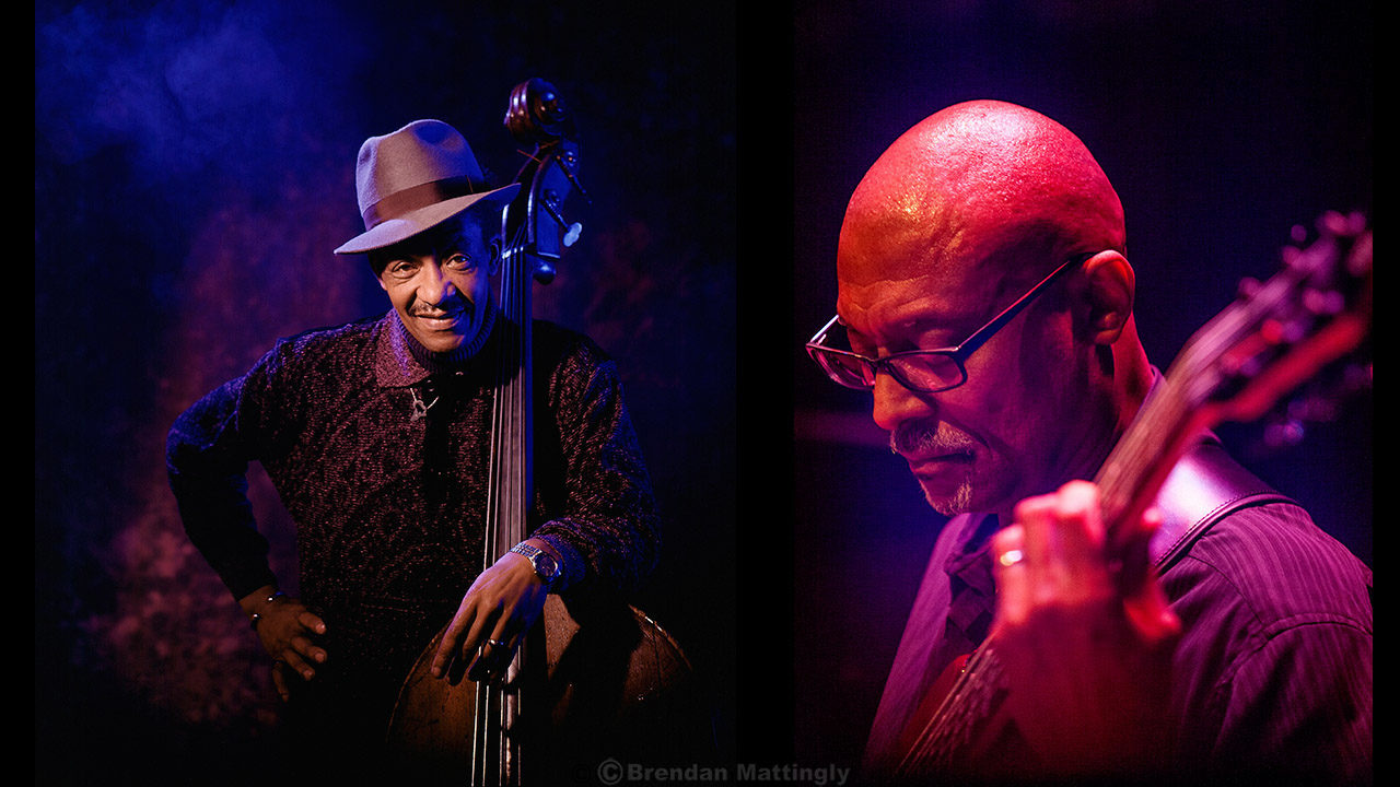 Two pictures of a man playing a bass and a man in a hat.