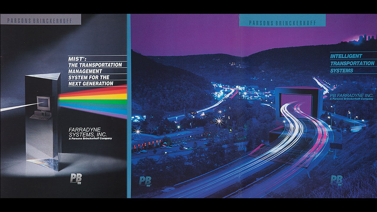 A brochure with two images of a road and a light beam.