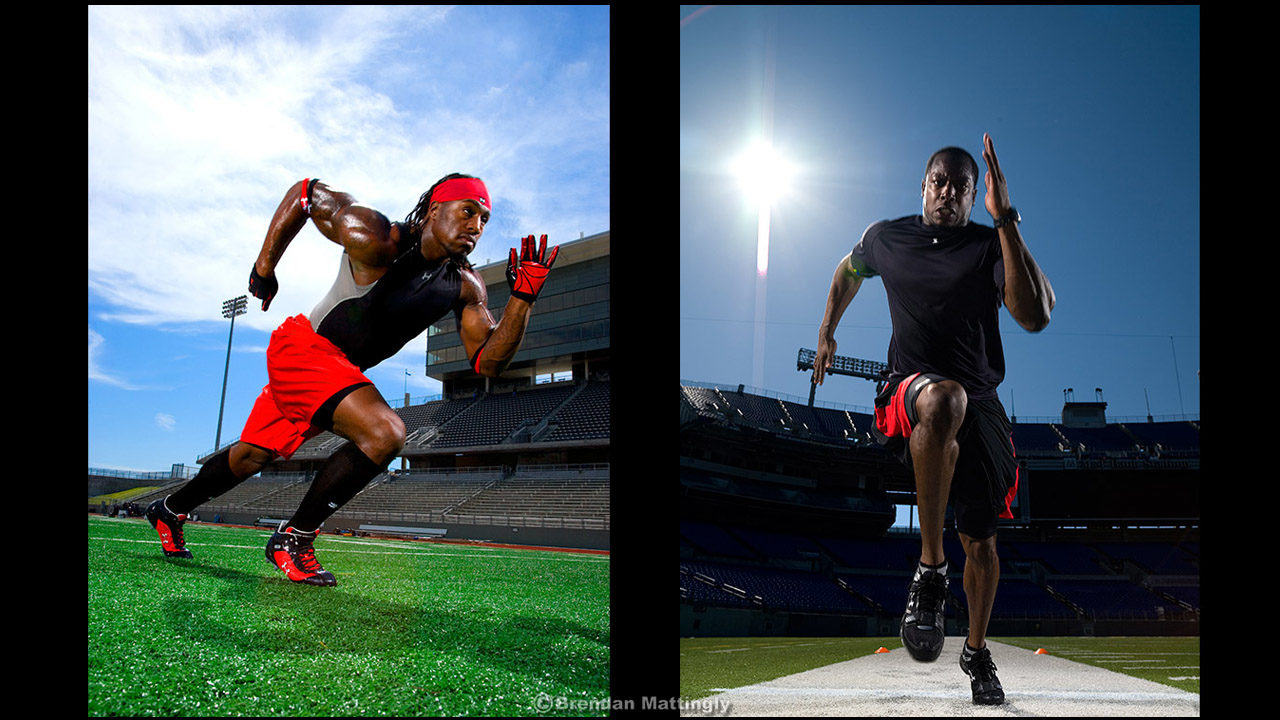 Two pictures of a football player running on a field.
