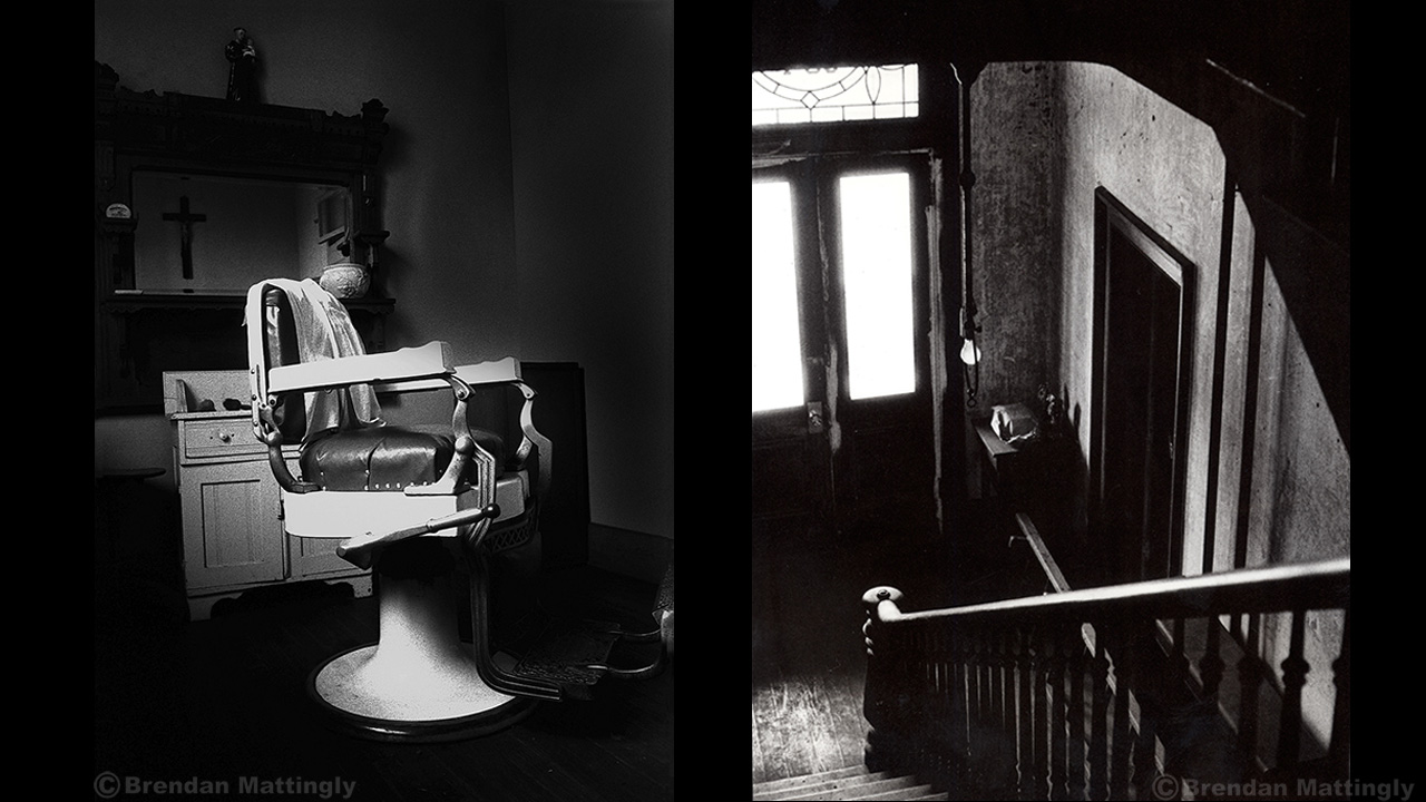 Two black and white photos of a room with a barber chair.