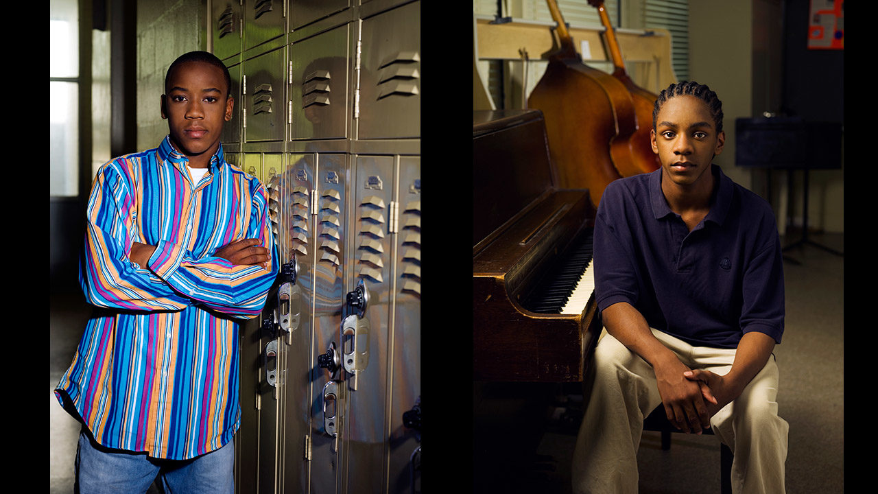 Two pictures of a young man standing next to a piano.