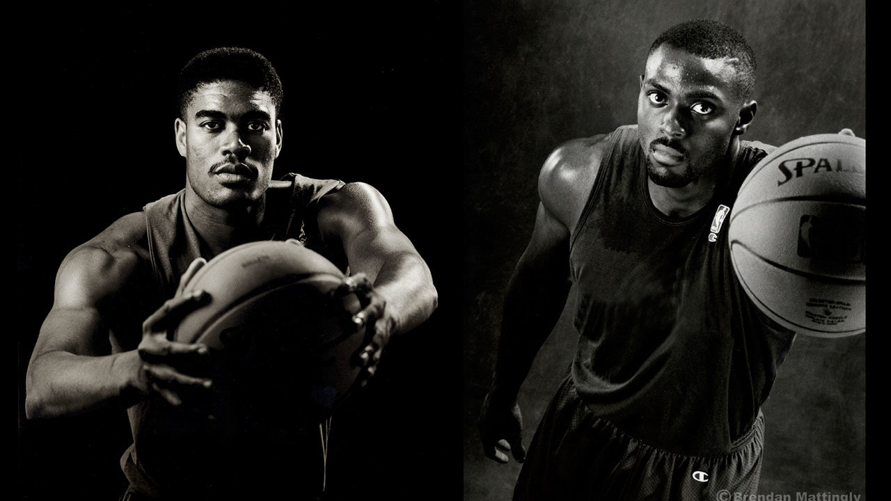 Two black and white photos of two basketball players.