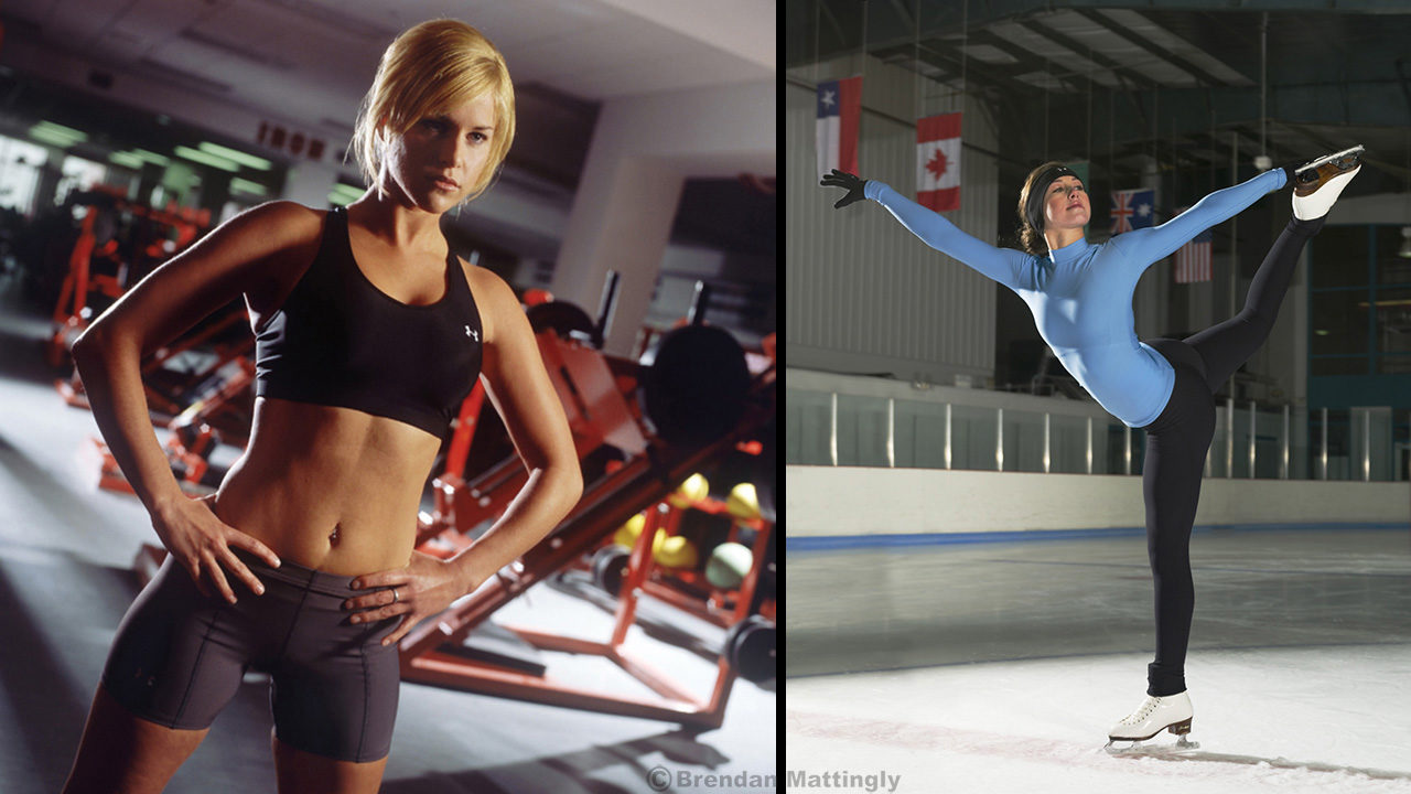 Two pictures of a woman in an ice skating rink.