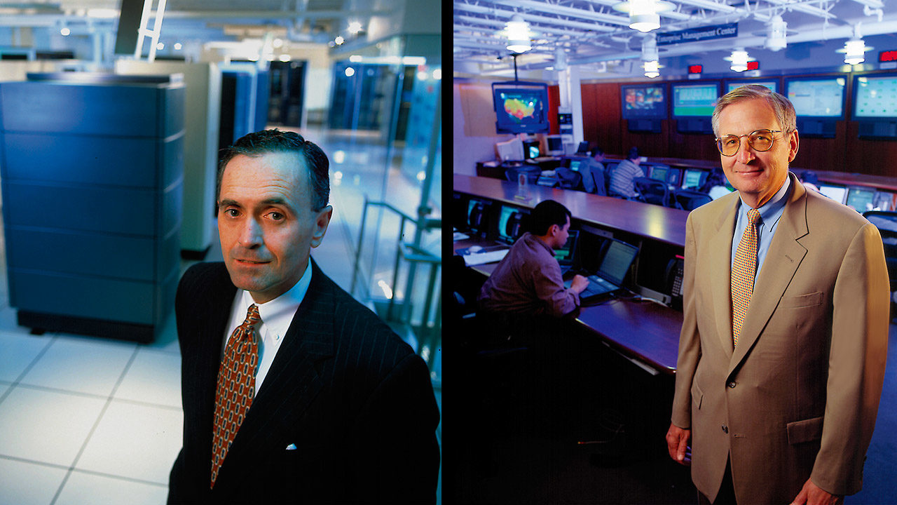 Two pictures of men in suits in a computer room.