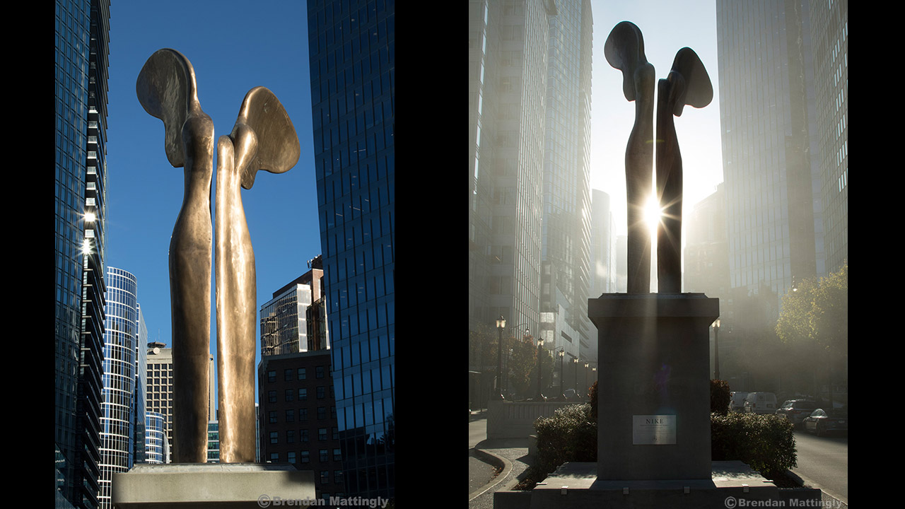 Two pictures of a statue in the middle of a city.